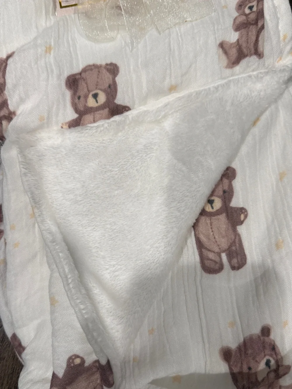 Reversible White Muslin Plush Sleep Sack with Brown Bear Print